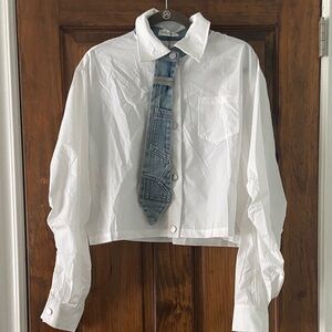 GALITA White Button-Down Shirt with Denim Tie Accent.  Brand New (Size Large)